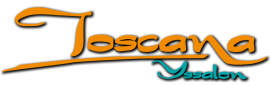 Toscana IJssalon-logo met oranje en blauwe letters.