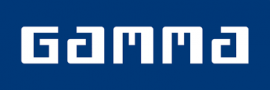 Gamma logo in witte letters op een blauwe achtergrond.