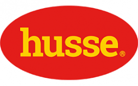 Rood ovaal logo met het gele woord Husse, gericht op dierenvoeding en franchise.