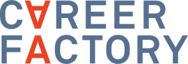 Career Factory-logo met blauwe letters en oranje letter A.