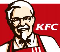 KFC-logo met de iconische afbeelding van de oprichter en bedrijfsnaam tegen een rode achtergrond.