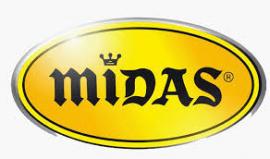 Midas logo met zwarte gotische letters en een kroon op een gele ovale achtergrond.