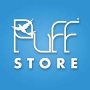 Puff Store logo op een blauwe achtergrond met witte letters en een duif symbool in de P.