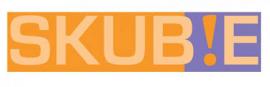 Logo van SKUBIE met oranje letters op een oranje en paarse achtergrond.