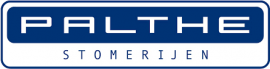 Logo van Palthe Stomerijen met blauwe achtergrond en witte tekst.