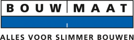 Logo van Bouwmaat met de slogan Alles voor slimmer bouwen op een blauwe achtergrond.