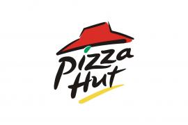 Pizza Hut-logo met rode dakvorm en zwarte tekst op witte achtergrond.