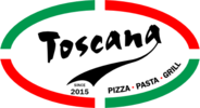 Logo van Pizzeria en Grillroom Toscana met Italiaanse kleuren en opschrift Pizza Pasta Grill.