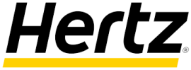 Hertz-logo in zwarte letters met een gele onderstreep.