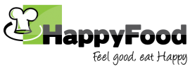 Logo van HappyFood met een witte koksmuts en groene achtergrond.