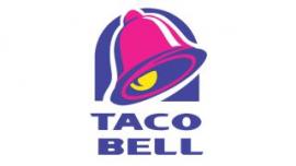 Het logo van Taco Bell met een gestileerde bel in paarse en roze tinten boven de bedrijfsnaam.