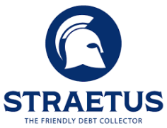 Blauw logo van Straetus Incasso met helmenembleem en slogan The friendly debt collector.