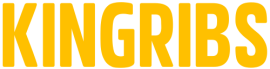 Kingribs-logo in gele hoofdletters, perfect voor premium ribs, burgers en loaded potatoes.