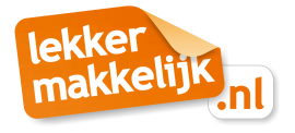 Logo van Lekker Makkelijk met oranje achtergrond en een deels omgevouwen hoek.