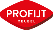 Rood logo van Profijt Meubel met witte tekst en een gestileerd schildontwerp.