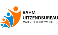 Het logo van BAHM Uitzendbureau met oranje en blauwe gestileerde figuren naast de bedrijfsnaam.