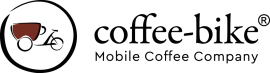 Logo van Coffee-Bike met tekst Mobile Coffee Company en een icoon van een fiets met rode kap.