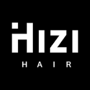 Hizi Hair-logo tegen een zwarte achtergrond.