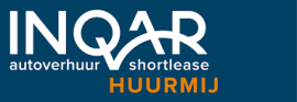 INQAR-logo met tekst autoverhuur shortlease en HUURMIJ in oranje op een blauwe achtergrond.
