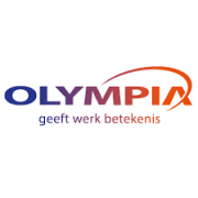 Het logo van Olympia Uitzendbureau met de slogan geeft werk betekenis in gekleurde letters.