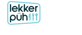 Logo van Lekker Puh met bestekpictogrammen in blauwe tinten.