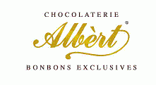 Logo van Chocolaterie Albèrt met de tekst Bonbons Exclusives in stijlvolle gouden letters.