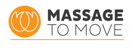 Logo van Massage to Move met oranje embleem links en bedrijfsnaam rechts in grijs.