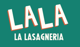 LALA La Lasagneria-logo met witte tekst op een groene achtergrond.