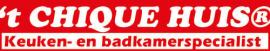 Het Chique Huis logo met de tekst Keuken- en badkamerspecialist, rood en wit ontwerp.