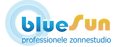 Logo van BlueSun met de slogan professionele zonnestudio in blauwe en gele letters op een witte achtergrond.
