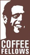Logo van Coffee Fellows met gestileerde illustratie van een lachende man op een bruine achtergrond.