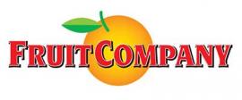 Logo van Fruitcompany met een oranje sinaasappel en groene blaadjes.