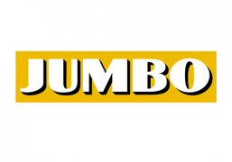 Jumbo logo met witte letters op een gele achtergrond.