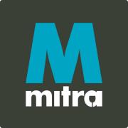 Het Mitra-logo met een grote blauwe M en witte tekst op een donkere achtergrond.