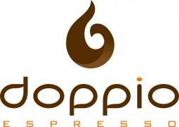 Logo van Doppio Espresso met een gestileerde bruine koffieboon boven de naam in moderne typografie.