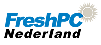 FreshPC-logo met blauw opschrift en grijs silhouet van een kaart met een witte cirkel.