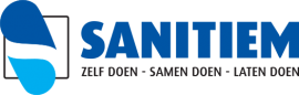 Sanitiem-logo met blauwe druppels en de slogan Zelf doen - Samen doen - Laten doen in grijze letters.