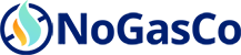 Logo van NoGasCo Franchise met een gestileerde vlam in blauw en oranje naast de bedrijfsnaam.