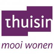 Thuisin logo met paarse tekst en slogan mooi wonen tegen een witte achtergrond.