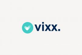 Vixx-logo met een gestileerd hart in een turquoise cirkel naast de naam in blauwe letters.