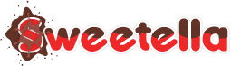Sweetella-logo met rode en bruine letters in een speelse, chocoladeachtige stijl.
