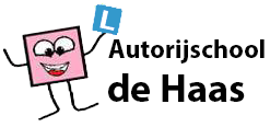 Illustratie van een roze, glimlachend vierkant figuurtje met een blauw L-bord naast de tekst Autorijschool de Haas.