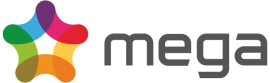 Logo van Mega met kleurrijke, overlappende vormen links van het woord 'mega' in grijze letters.