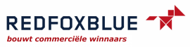RedFoxBlue logo met de tekst bouwt commerciële winnaars en een rood-wit geometrisch symbool.