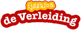 Logo van ijssalon De Verleiding met opvallende rode en oranje kleuren.