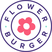 Logo van Flower Burger met rozet en tekst in een cirkel.