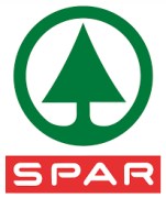 SPAR-logo met groene sparboom in een cirkel boven een rode rechthoek met het woord SPAR.