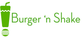 Groen logo van Burger 'n Shake met een milkshake en hamburgerpictogram.