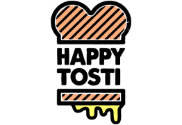 Stijlvol ontwerp met een oranje getekende koksmuts en tekst Happy Tosti, boven een gesmolten tosti.