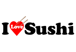 Logo van I Love Sushi met een rood hart, eetstokjes en stijlvolle zwarte letters.